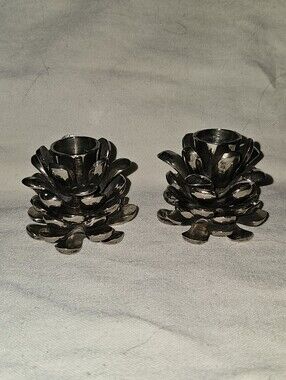 Pair Of 2 VTG Silverstone Finish Pine Cone Tea light Candle Holders